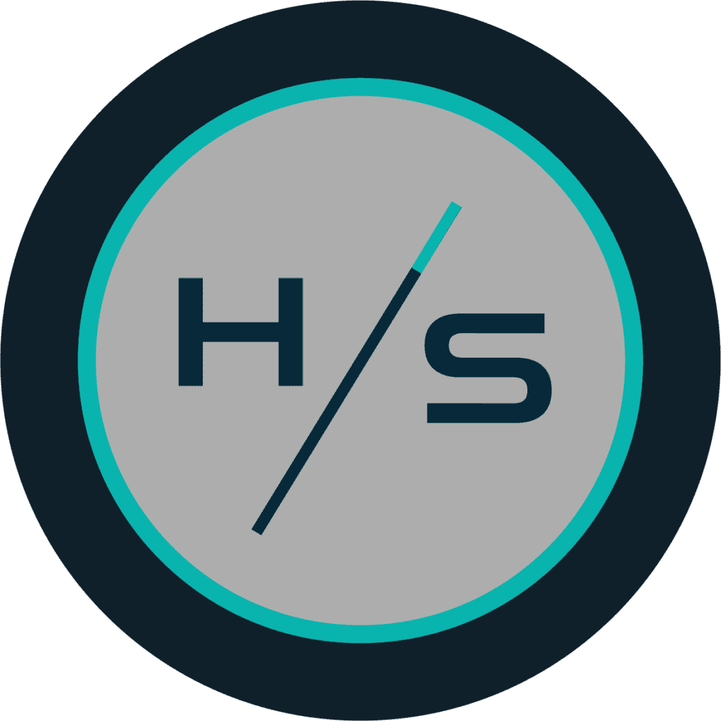 Logo with "H/S" letters on a gray circle. A blue-green and black border encircles the design.