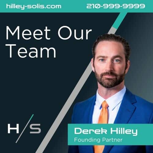Business card featuring "Meet Our Team" with a man in a blue suit, labeled Derek Hilley, Founding Partner. Contact info: hilley-solis.com, 210-999-9999.